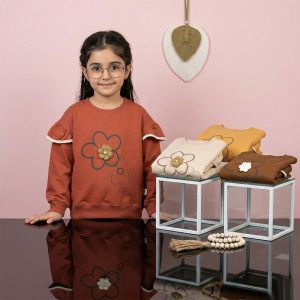 بلوز دخترانه طرح گل بالکدار نسکافه ای کد 11202