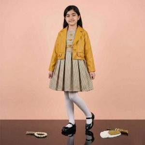 کت چرم و سارافون دخترانه خردلی کد 11238